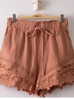 Very J Lace Crochet Trim Cotton Gauze Drawstring Shorts NWT
